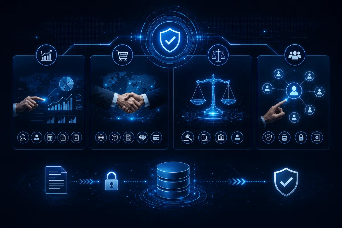A visualisation of client screening — data sources, risk scoring and legal information