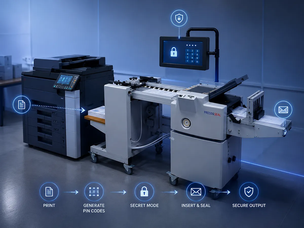 A printing and pressure-sealing line with the steps from print to sealed document marked out